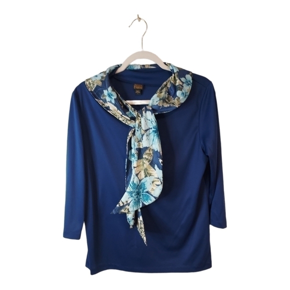 Haband Blue Knit 3/4 Sleeve & Scarf Career Casual Top Blouse Sz L - Picture 3 of 10